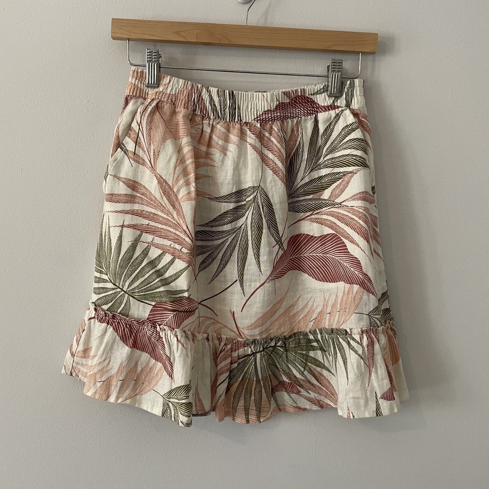Tahari 100% Linen Pull On Ruffle Trim Skirt Sz S Pockets Tropical Resort‎ Boho